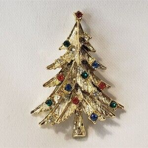 Gold Christmas Tree and Gem Stone Brooch